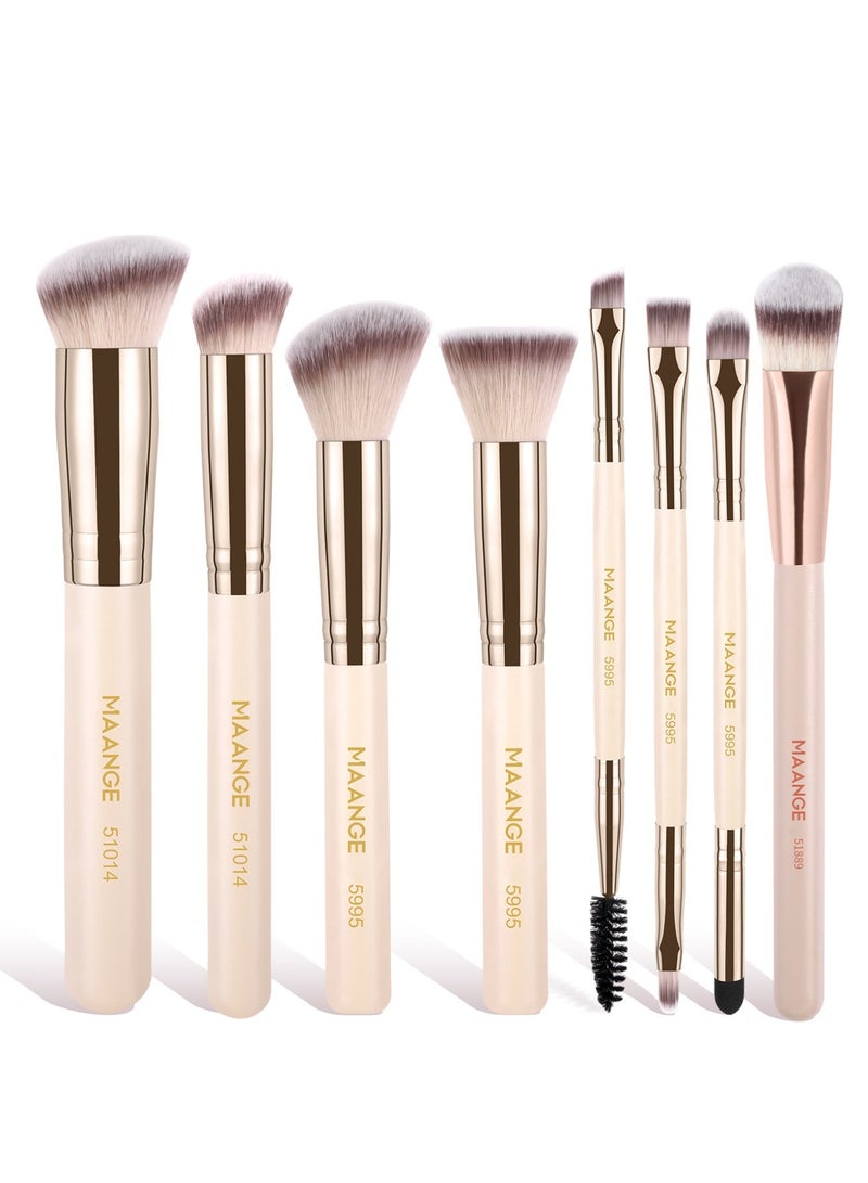 MAANGE 8 قطع فرش مكياج، فرشاة بودرة، فرشاة أحمر خدود، فرش مكياج من مواد صناعية ممتازة، فرش أساس، بودرة، خافي عيوب، ظلال عيون، بيج - Image 1